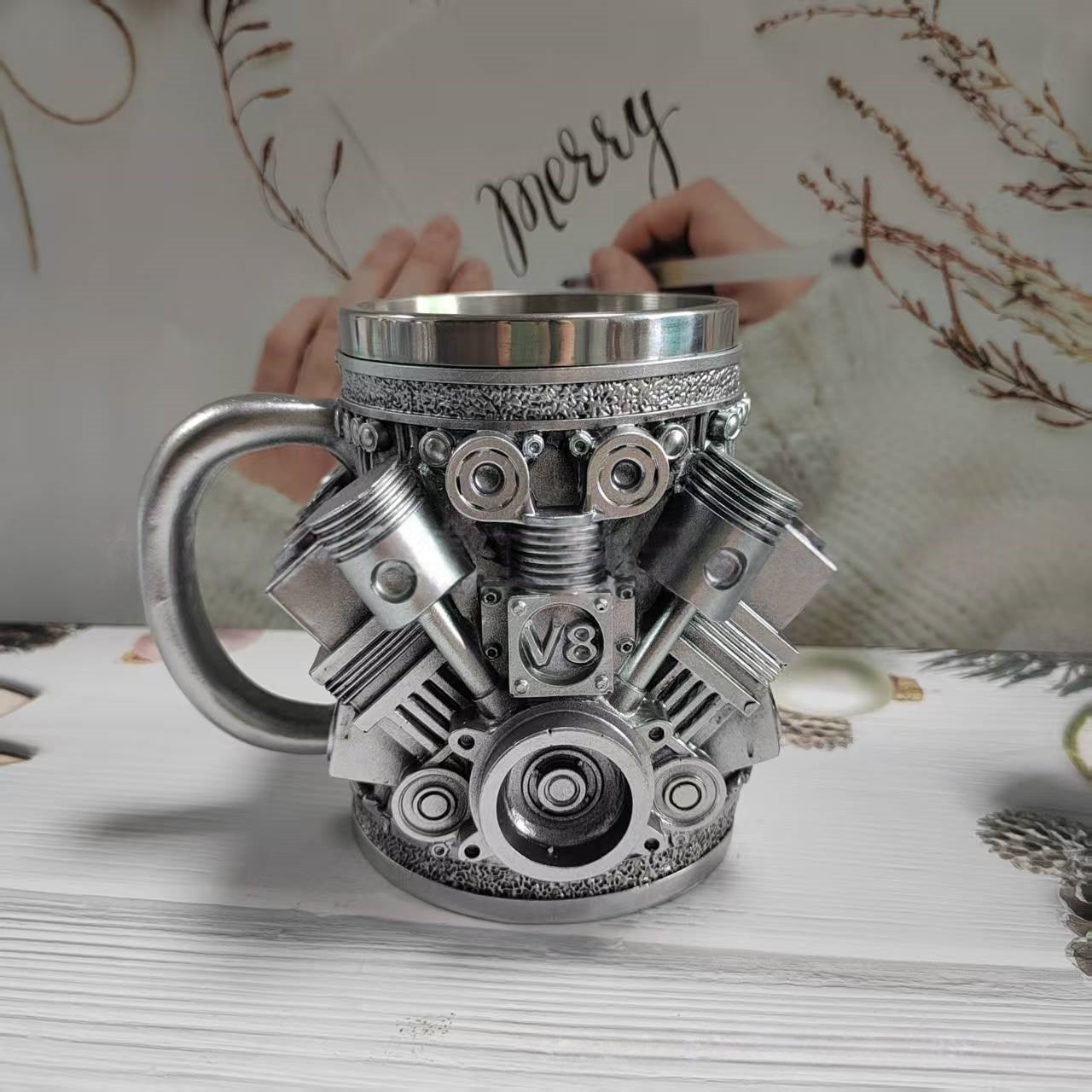 Personalized Stainless Steel Mug – V8 Engine Design