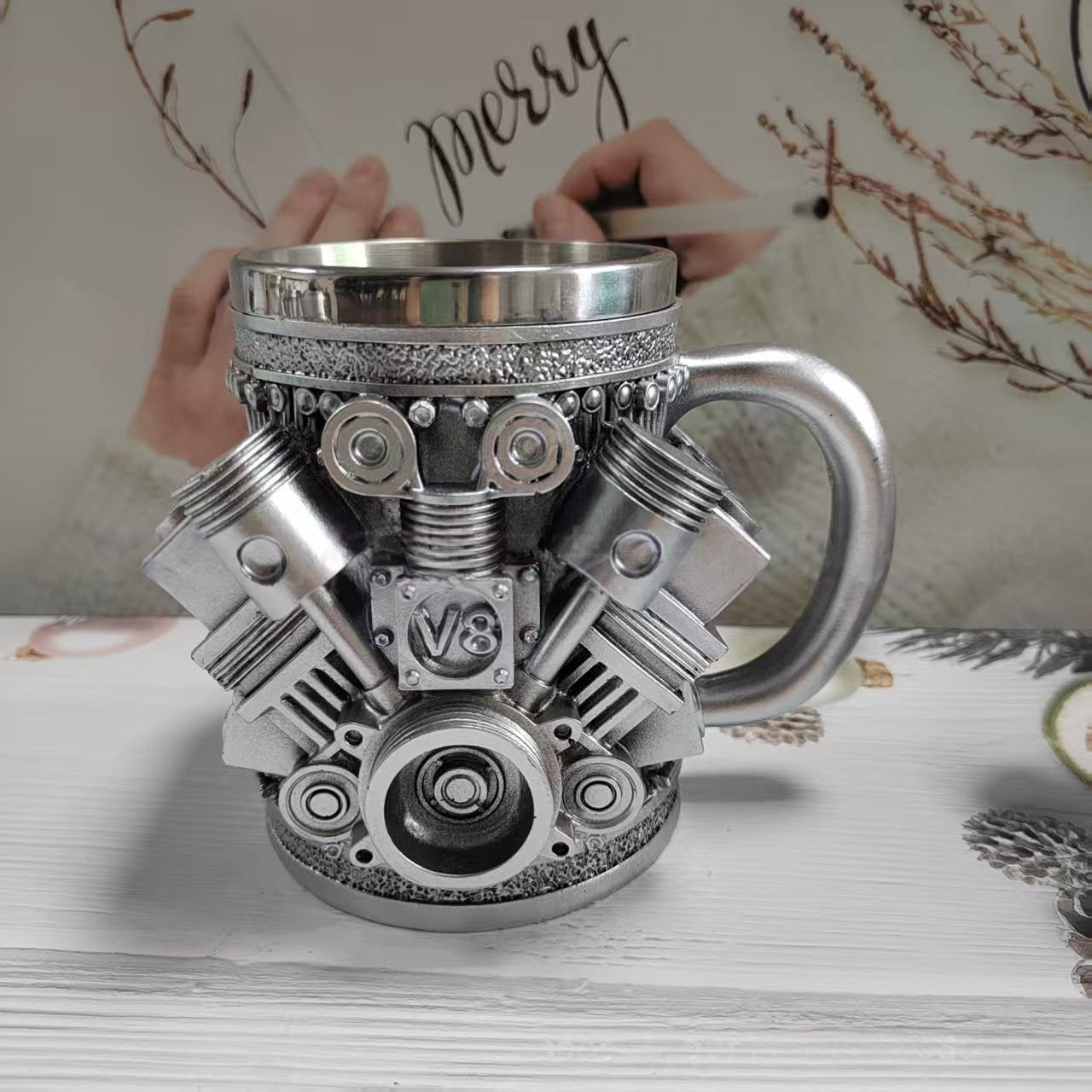 Personalized Stainless Steel Mug – V8 Engine Design